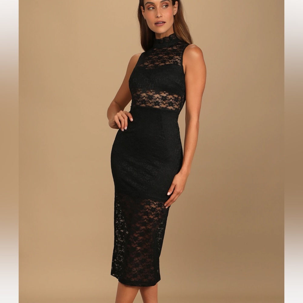 Lulu’s Black Lace Mock Neck Midi Dress, size medium